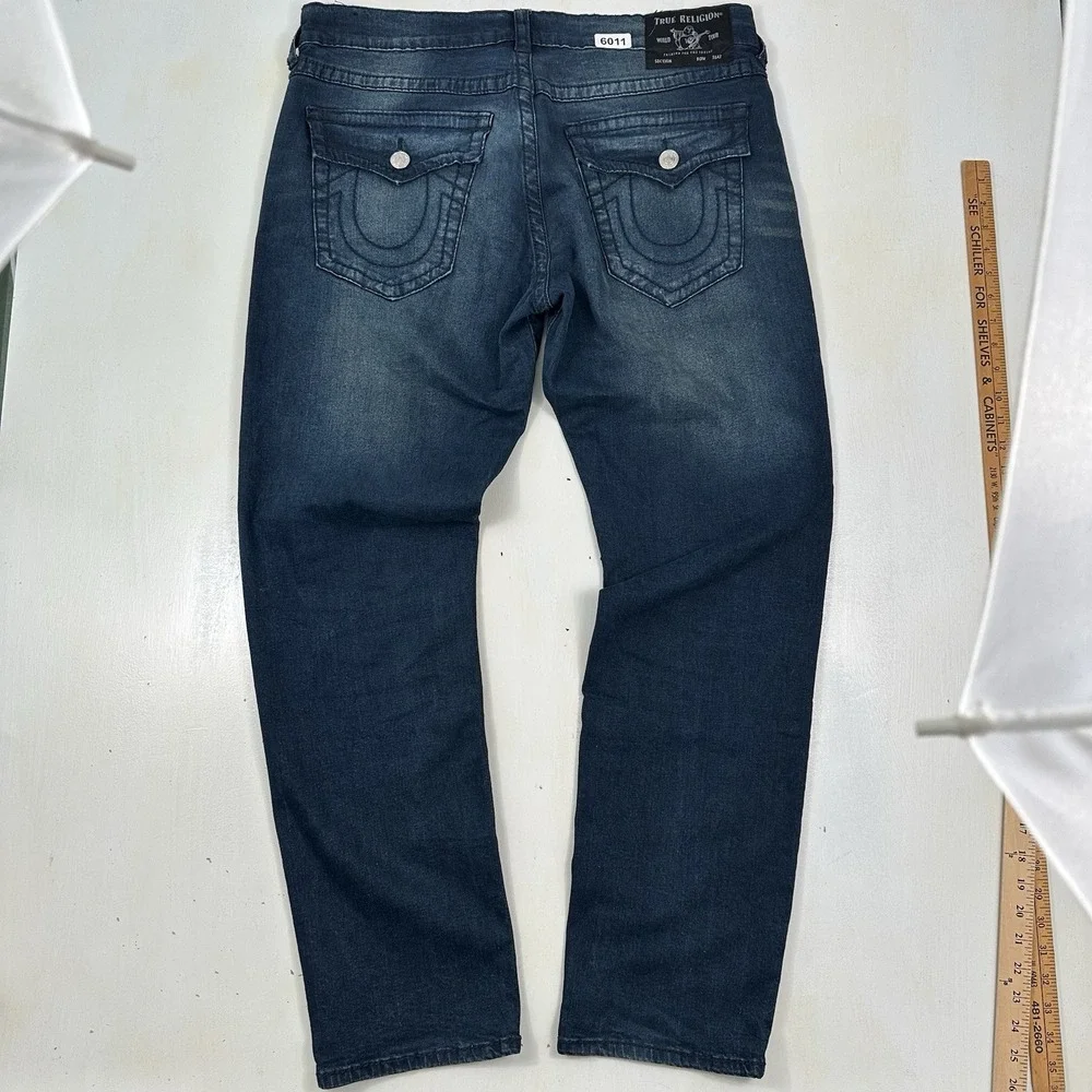 True Religion Geno Jeans Mens 36x32 Relaxed Slim Blue Flap Pockets Thick Stitch
